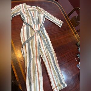 Madewell Striped Jumpsuit in Cream, Brown, and Green